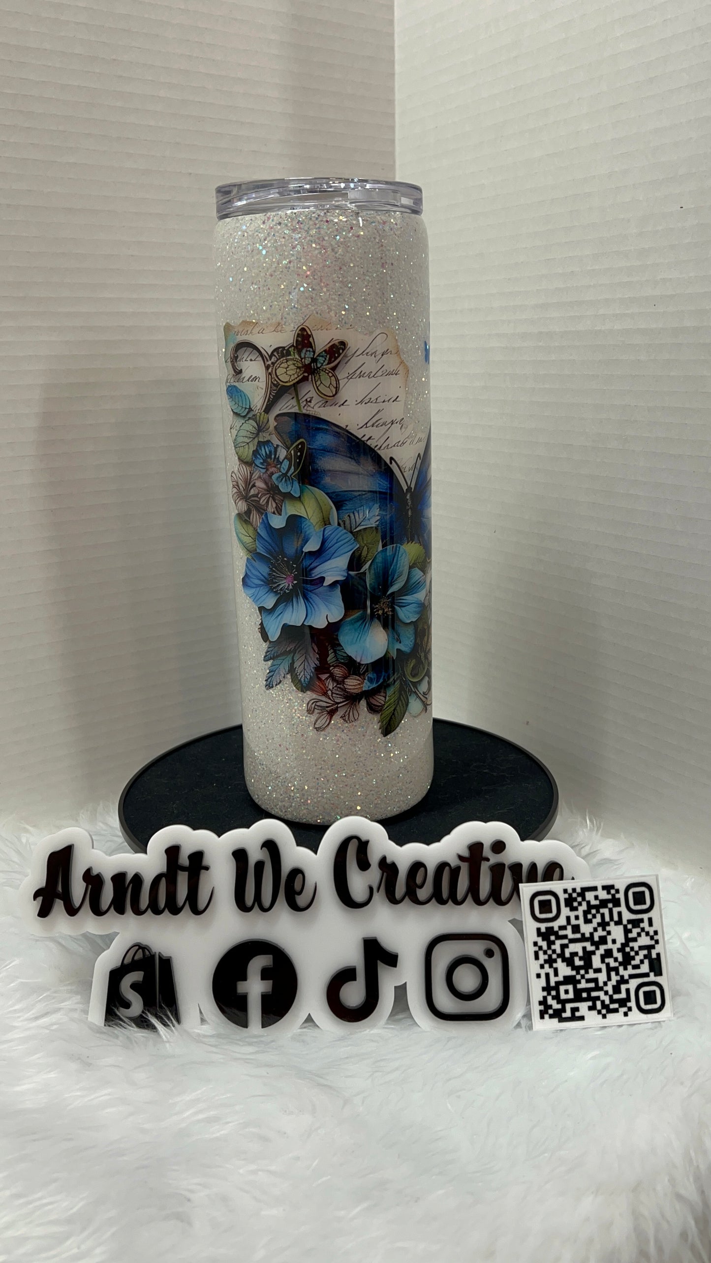 Ready to Ship - 30oz Skinny Tumbler (White & Blue Butterfly)