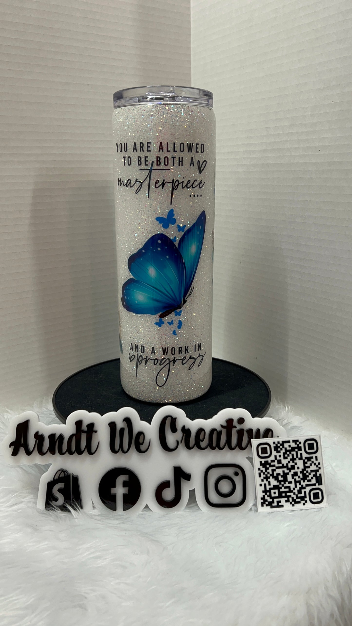 Ready to Ship - 30oz Skinny Tumbler (White & Blue Butterfly)