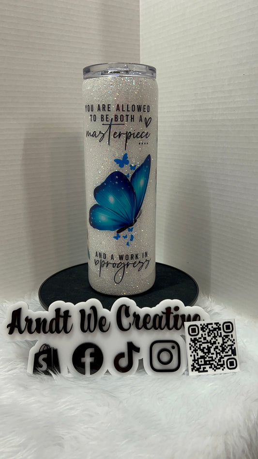 Ready to Ship - 30oz Skinny Tumbler (White & Blue Butterfly)