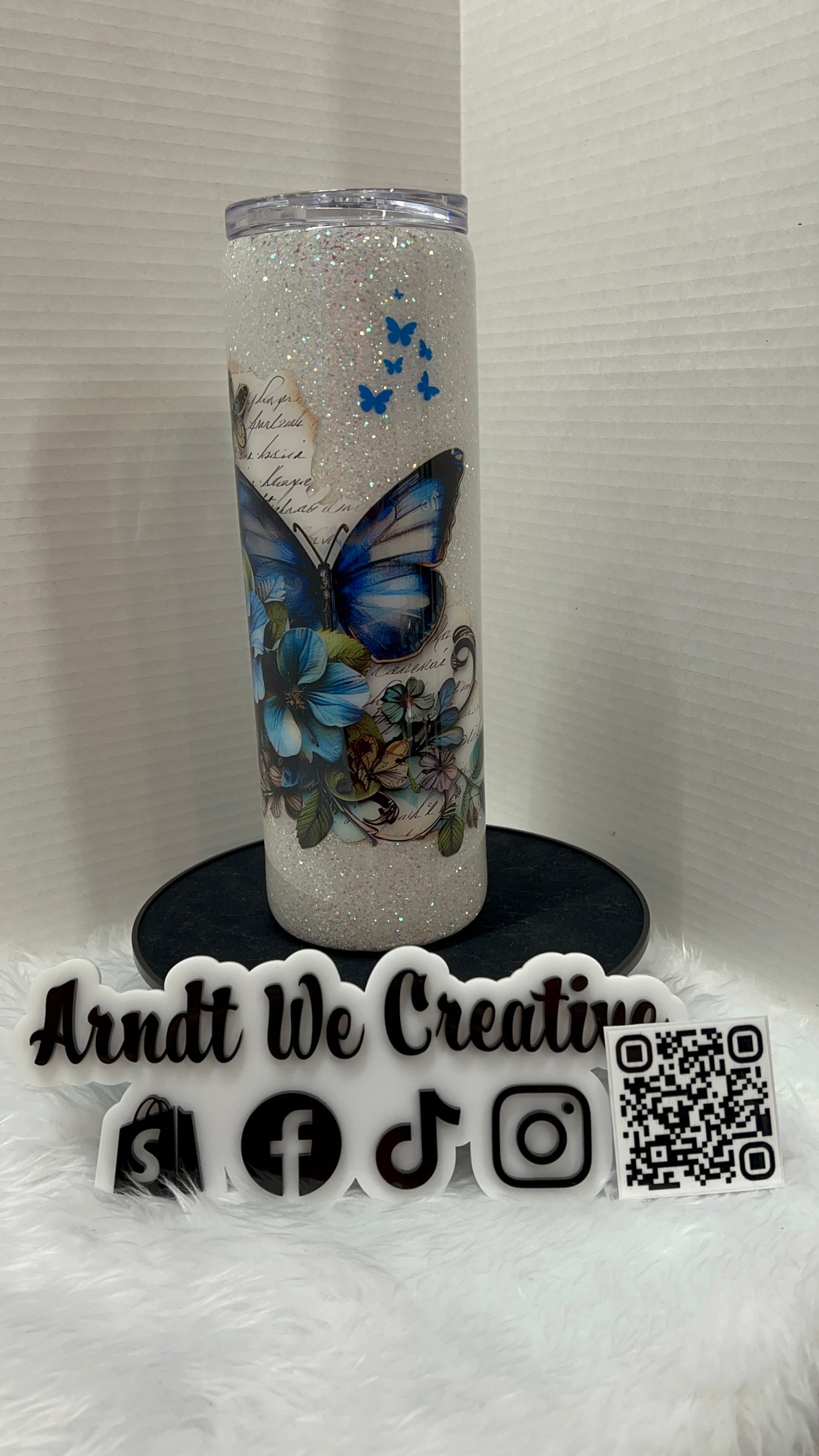 Ready to Ship - 30oz Skinny Tumbler (White & Blue Butterfly)
