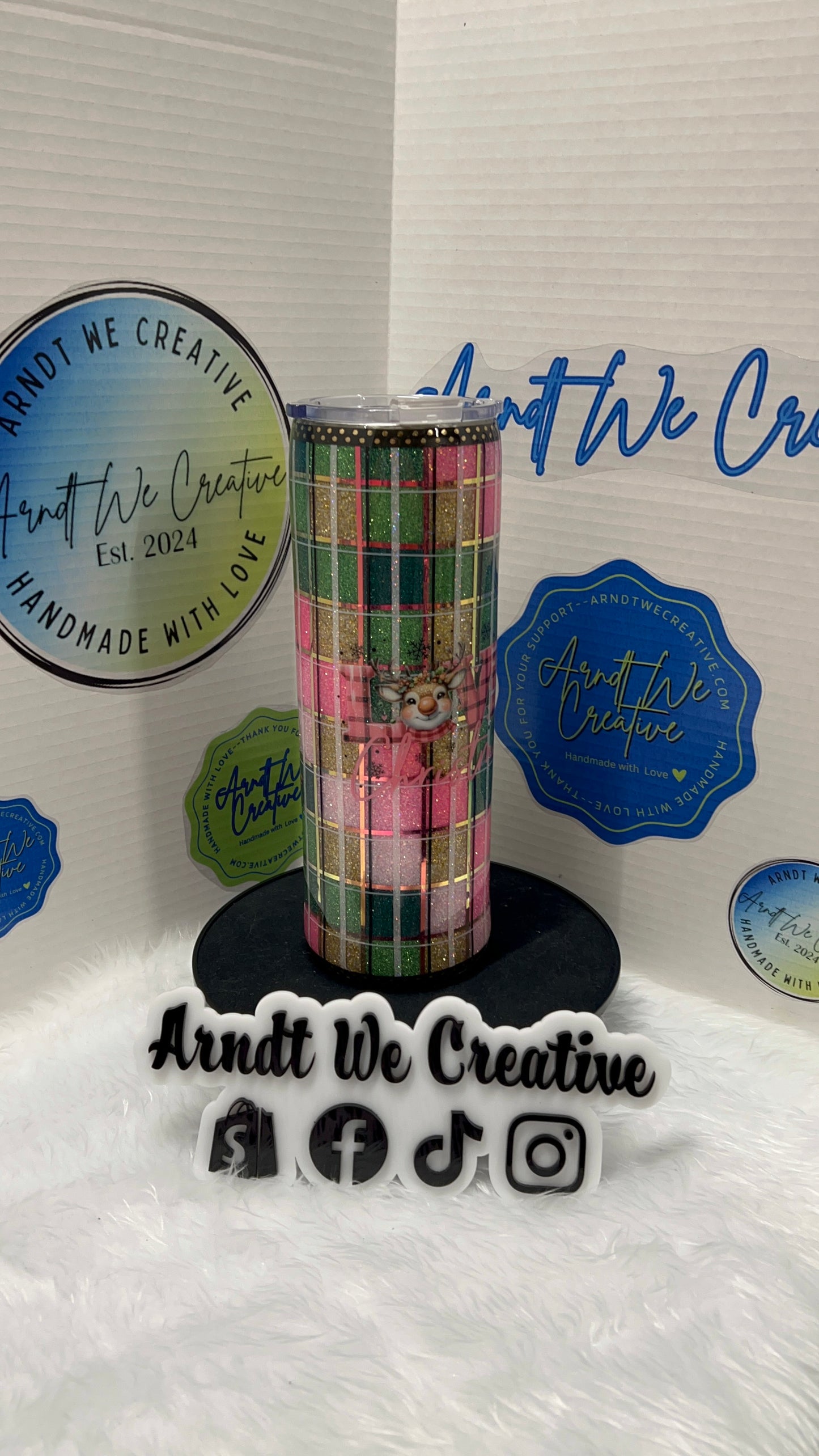 Ready to Ship - 30oz Skinny Tumbler (Pink & Green Checker Christmas)