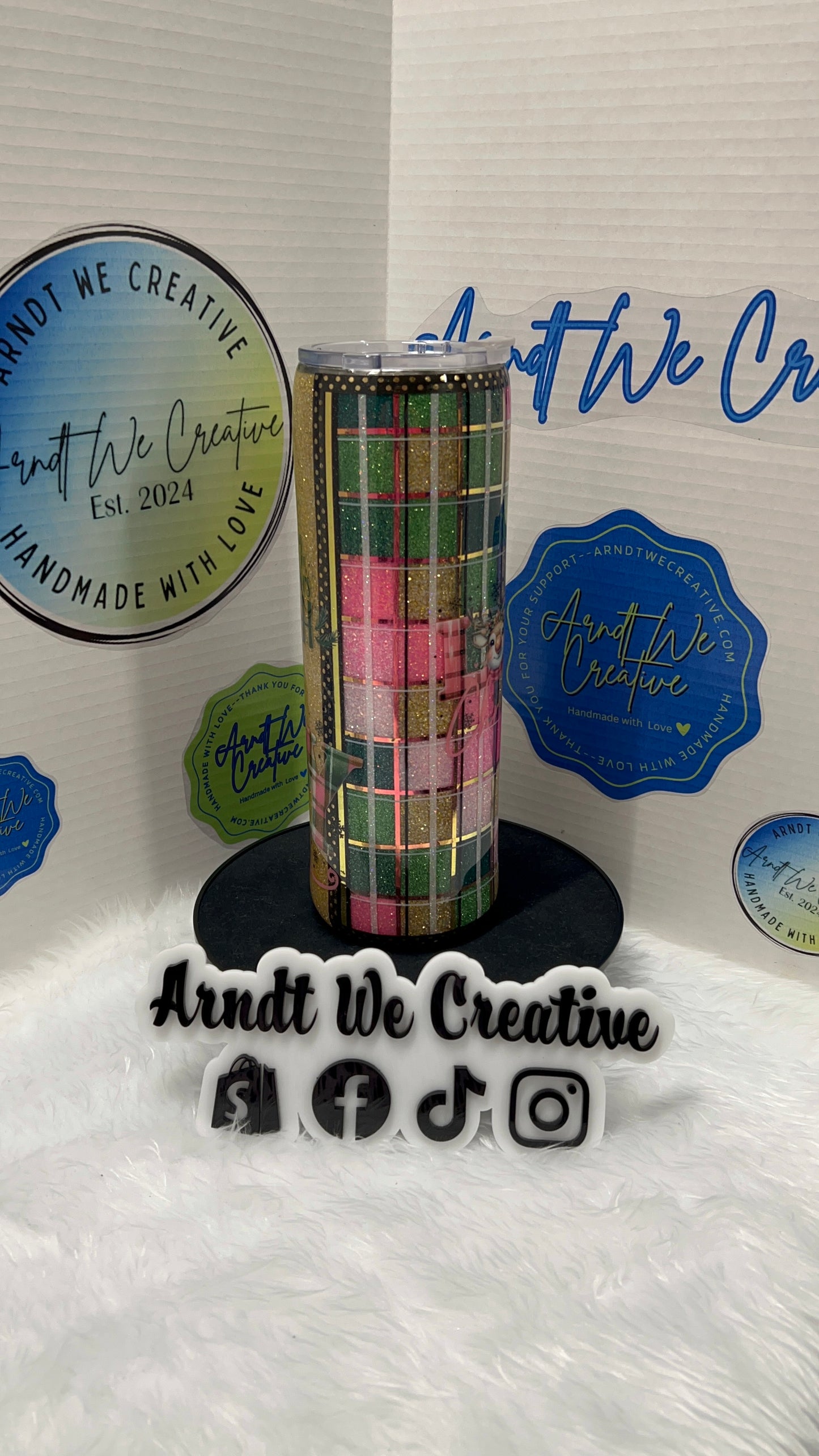 Ready to Ship - 30oz Skinny Tumbler (Pink & Green Checker Christmas)