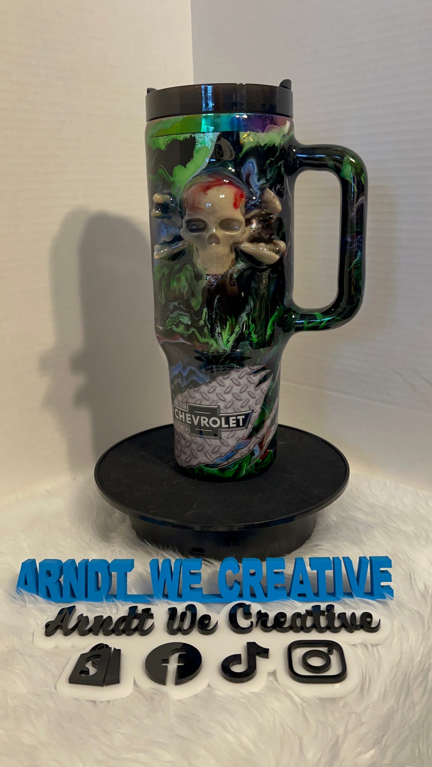 Ready to Ship - 40oz Handle Tumbler (3D Printed Skull Alcohol Ink Swirl)