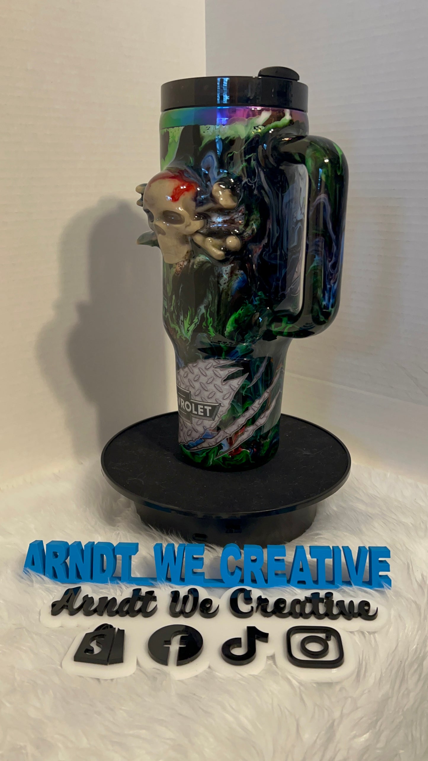 Ready to Ship - 40oz Handle Tumbler (3D Printed Skull Alcohol Ink Swirl)