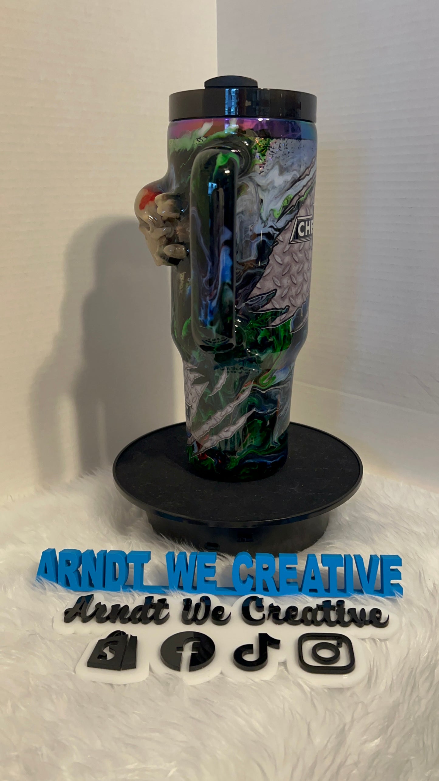 Ready to Ship - 40oz Handle Tumbler (3D Printed Skull Alcohol Ink Swirl)