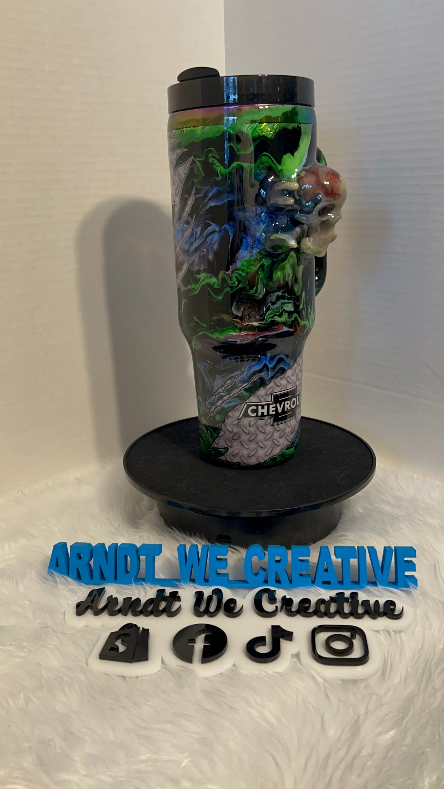 Ready to Ship - 40oz Handle Tumbler (3D Printed Skull Alcohol Ink Swirl)