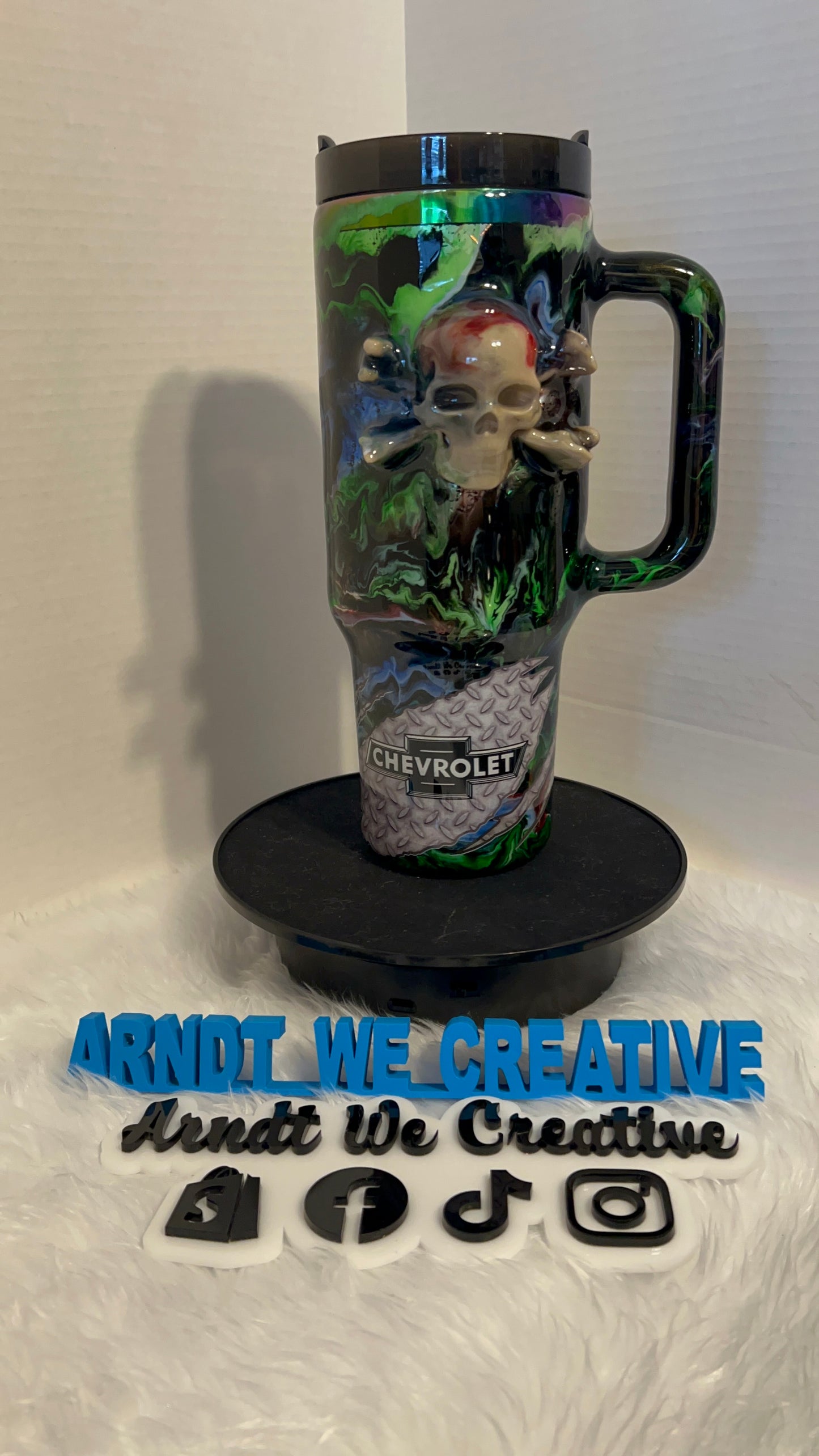 Ready to Ship - 40oz Handle Tumbler (3D Printed Skull Alcohol Ink Swirl)