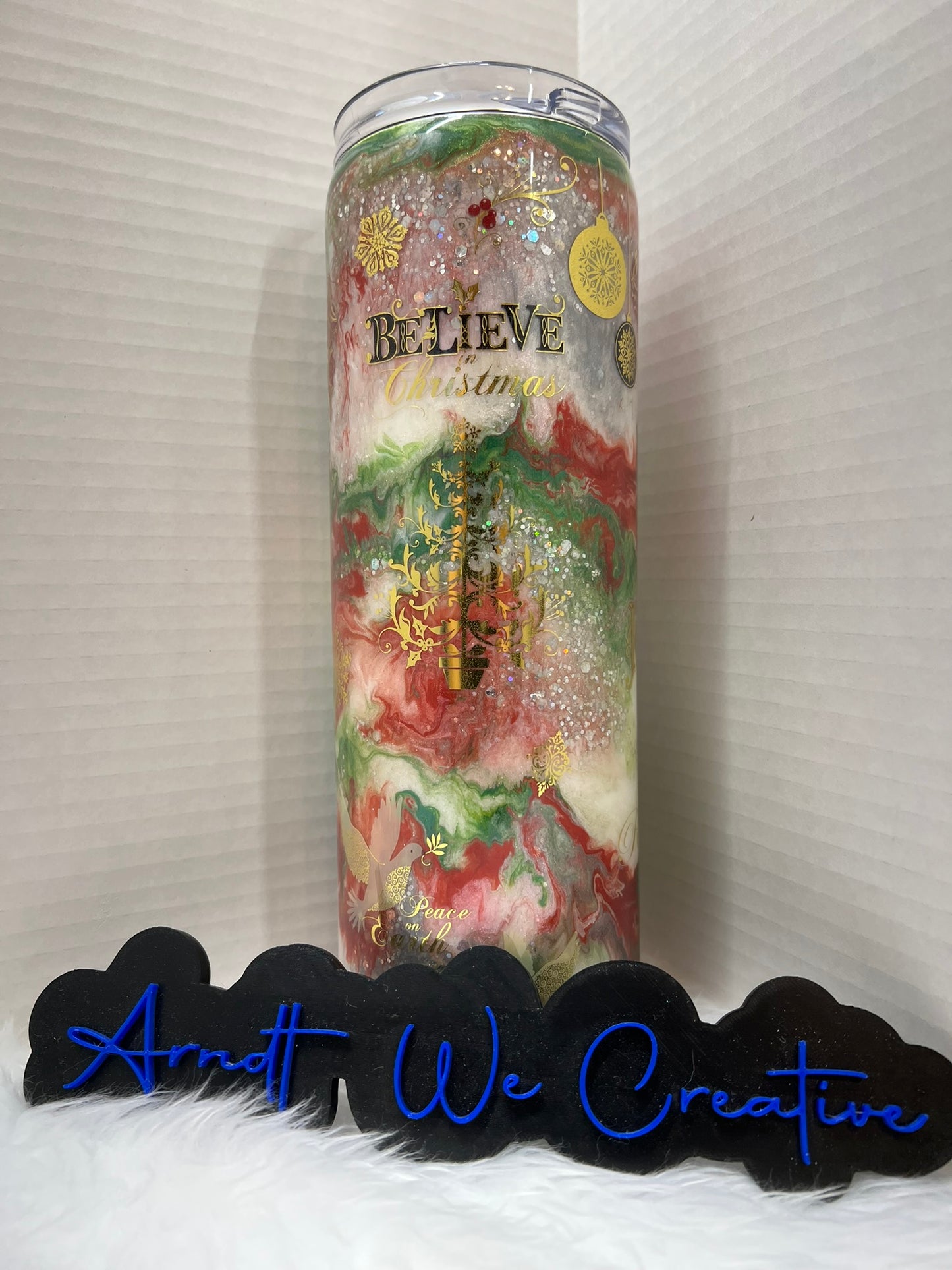 Ready to Ship - 20oz Skinny Tumbler (Christmas Alcohol Ink Vintage Style)