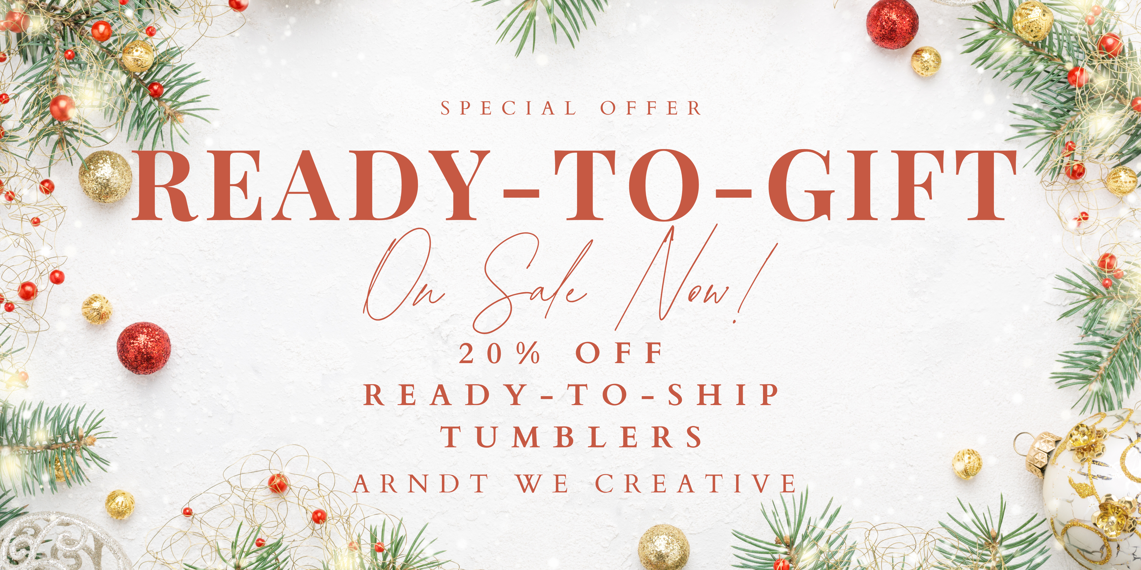 Promotional banner for 'Ready-To-Gift' with Christmas decorations on a white background